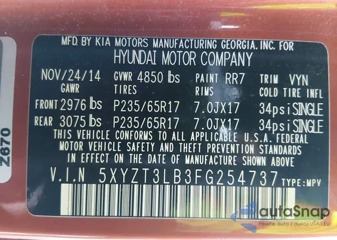 2015 Hyundai Santa Fe Sport 2.4L z USA, uszkodzony, nr VIN 5XYZT3LB3FG254737